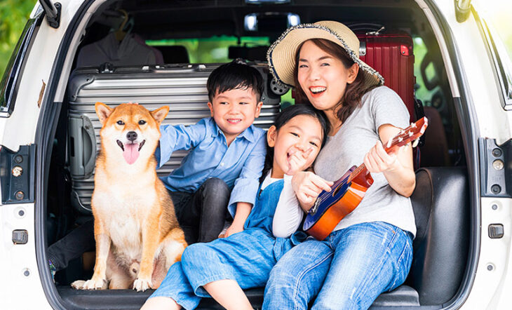Happy family sitting in the trunk of their car